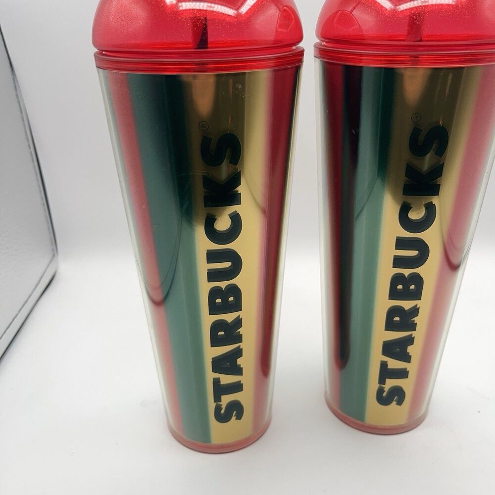 Starbucks 2024 Metallic Red, Green & Gold Stripe Cold Cup - Set Of 2 - Picture 2 of 16